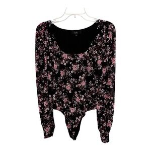 Lulus Bodysuit Top Large Black Floral Romantic Long Sleeve Scoop Neck Stretch